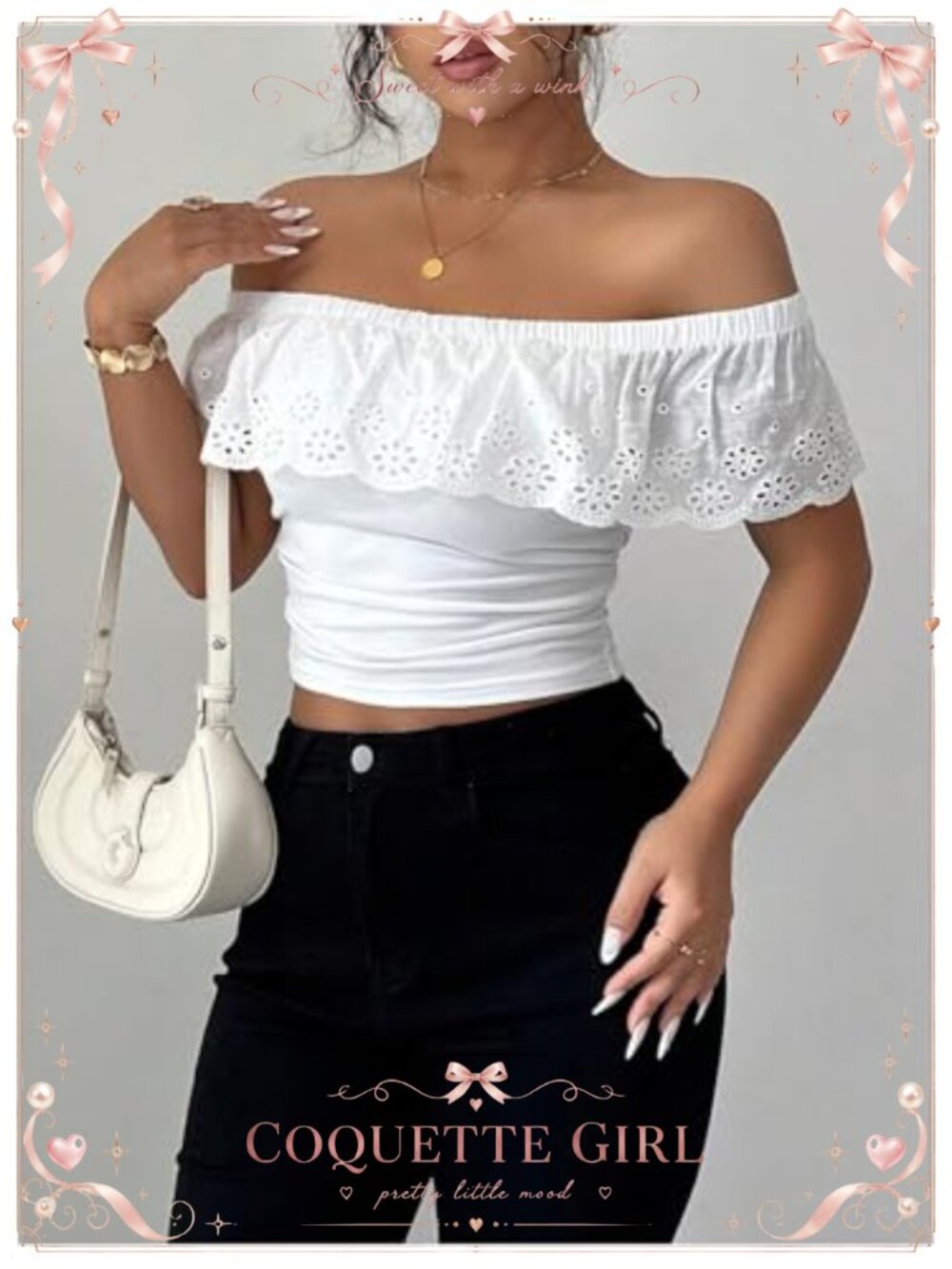 Off Shoulder Ruffle Ruched Cropped Top Eyelet Embroidered Summer Blouse - Picture 3 of 5